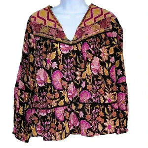 Rachel Zoe top XS v Neck Bishop Sleeve Embroidered Floral Boho Fairy Grunge